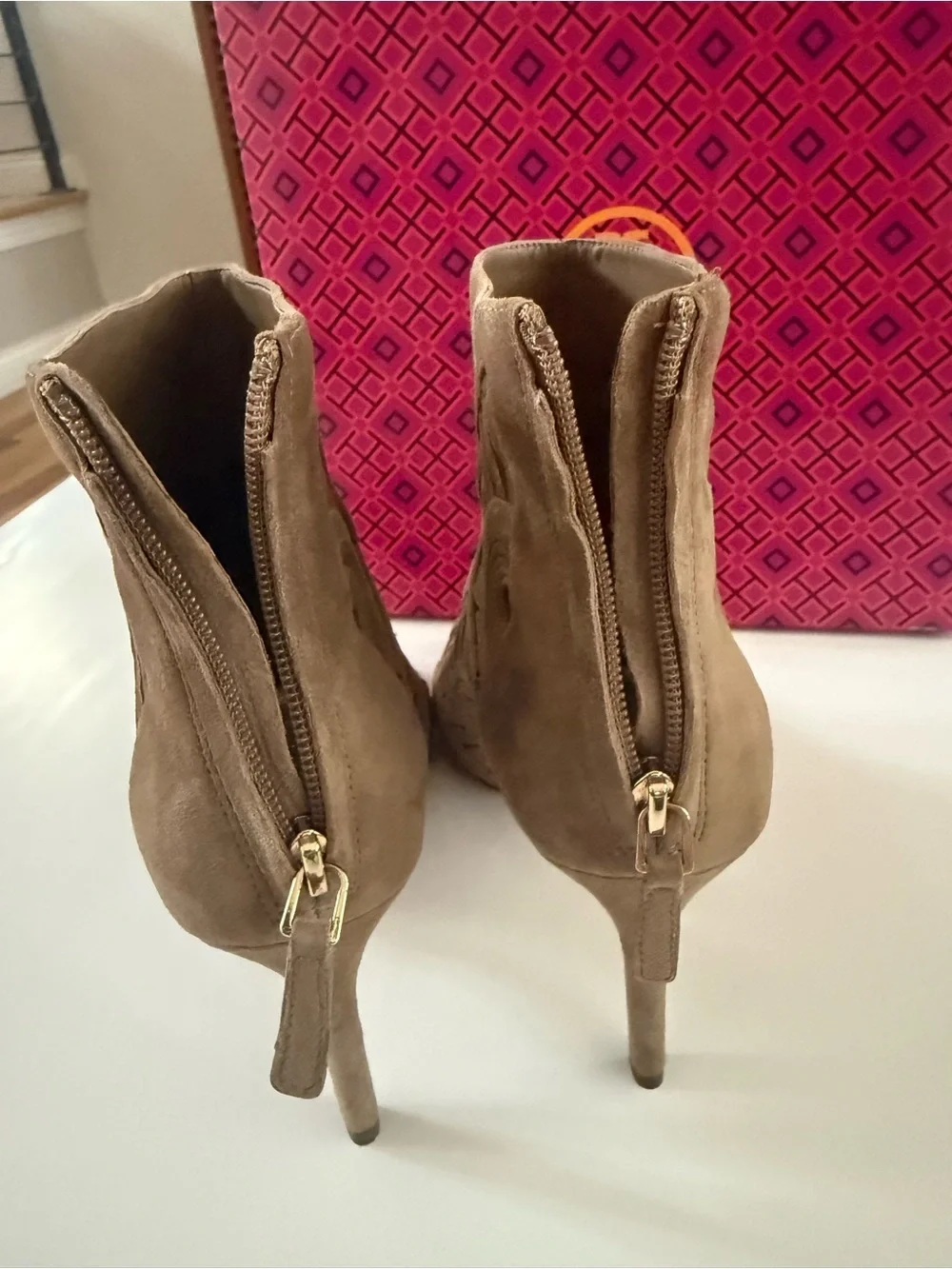 Tory Burch Taupe Suede Leyla Cutout Peep-Toe Booties 10